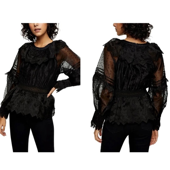 Topshop Tops - Topshop Dobby Shirred Waist Women's Long Sleeve Blouse Black Size 2 New
